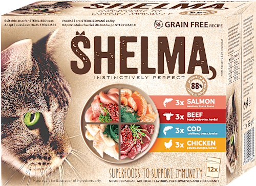 kapsičky pro kočky maso/rybí výběr bez obilovin, 12x85g Multipack Shelma