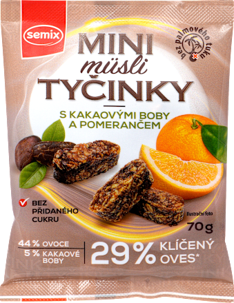 mini müsli tyčinky s kakaovými boby a pomerančem Semix