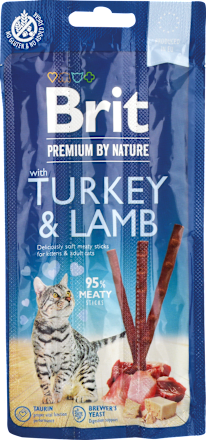 Žuvacie tyčinky pre mačky Premium By Nature s morčacím a jahňacím mäsom Brit