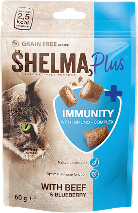 Plus Immunity bezobilné polštářky pro kočky s hovězím a borůvkami Shelma