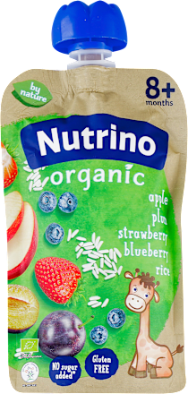 organic voćna kašica - jabuke, šljive, jagode i borovnice sa pirinčem i dodatkom vitamina C, od 8. meseca Nutrino