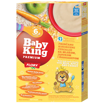 PREMIUM pirinčano kukuruzne cerealije sa mlekom, jabukom i šargarepom; od 6+ meseci Baby King