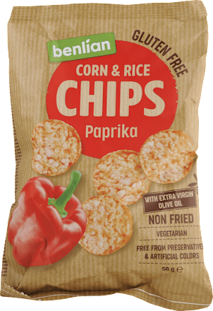 Nesmažené kukuričné a ryžové čipsy Paprika benlian