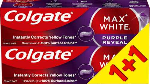 MAX WHITE PURPLE pasta za zube, 1+1 gratis, 75 ml + 75 ml Colgate