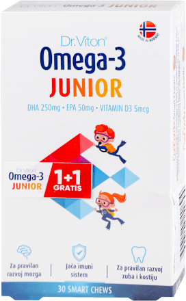 Omega-3 JUNIOR meke tablete za žvakanje - DHA 250mg + EPA 50mg + VITAMIN D 5mcg, 1+1 GRATIS Dr.Viton