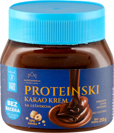 PROTEINSKI KAKAO KREM SA LEŠNIKOM, bez glutena, sa zaslađivačem Aleksandrija