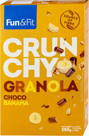 CRUNCHY GRANOLA CHOCO BANANA Hrskavi musli sa čokoladom i liofilizovanom bananom Fun&Fit