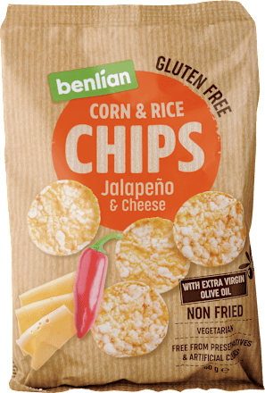 Nesmažené kukuričné a ryžové čipsy Jalapeňo & Cheese benlian