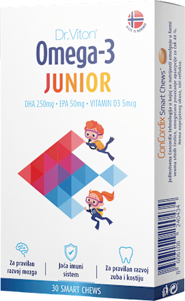 Omega-3 JUNIOR meke tablete za žvakanje - DHA 250mg + EPA 50mg + VITAMIN D 5mcg  Dr.Viton
