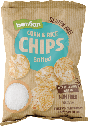 Nesmažené kukuričné a ryžové čipsy Salted benlian