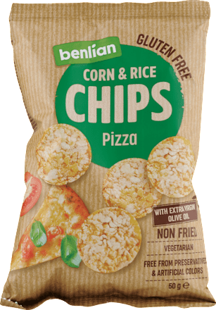 Nesmažené kukuričné a ryžové čipsy Pizza benlian