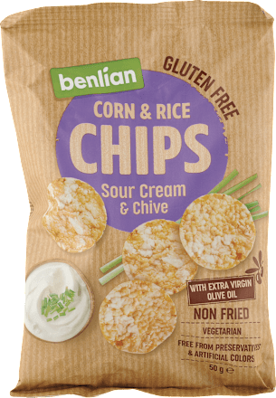 Nesmažené kukuričné a ryžové čipsy Sour Cream & Chive benlian