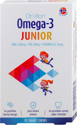 Omega-3 JUNIOR meke tablete za žvakanje - DHA 250mg + EPA 50mg + VITAMIN D 5mcg , sa zaslađivačima Dr.Viton