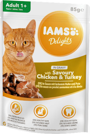 Nassfutter für Katzen, Delights, Huhn & Pute in Sauce  IAMS