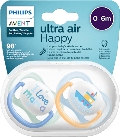 Schnuller ultra air happy Silikon, blau/gelb, 0-6 Monate PHILIPS AVENT