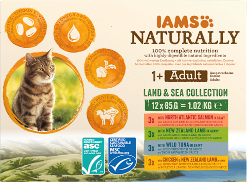 Nassfutter Katze land & sea collection in Sauce Naturally Mix, Multipack (12x85 g) IAMS