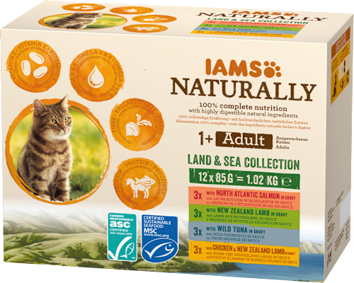 Nassfutter Katze land & sea collection in Sauce Naturally Mix, Multipack (12x85 g) IAMS