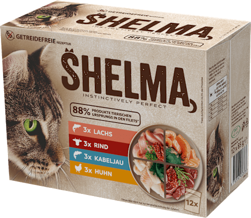 Nassfutter Katze mit Lachs, Rind, Kabeljau & Huhn, Multipack (12x85 g) Shelma