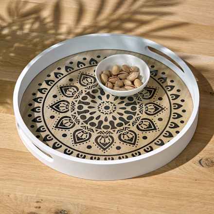 Holztablett mit Glaseinsatz & Muster, weiß-natur-schwarz Dekorieren & Einrichten