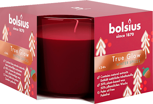 Duftkerze im Glas, True Glow, bordeaux Bolsius