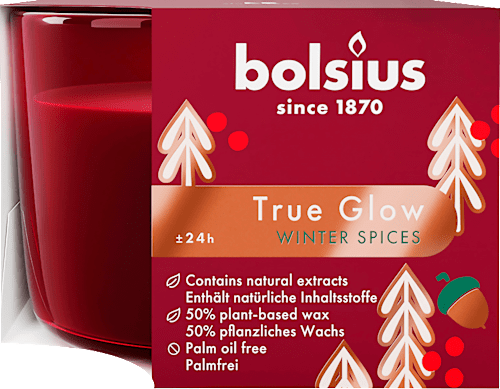 Duftkerze im Glas, True Glow, bordeaux Bolsius