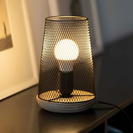 Tischleuchte aus Metall mit Holzboden, schwarz (15x23cm) Dekorieren & Einrichten