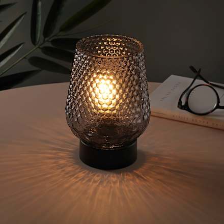 LED Lampe aus Glas in Diamantoptik, Bambusfuß schwarz Dekorieren & Einrichten