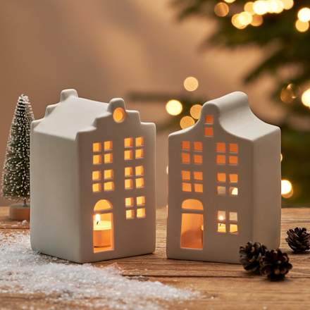 Windlicht aus Keramik, Giebelhaus, weiß-matt Dekorieren & Einrichten