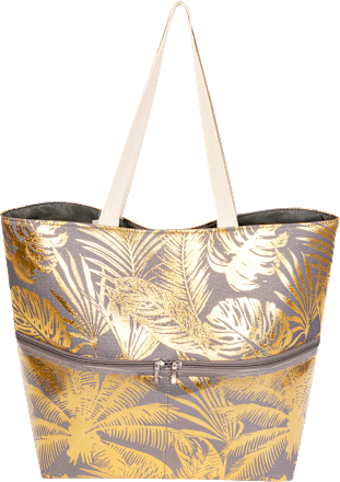 Strandtasche grau glänzend mit Blatt-Muster keine Marke