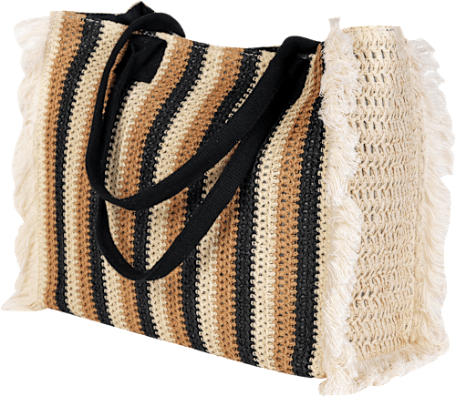 Strandtasche beige-schwarz mit Fransen  keine Marke