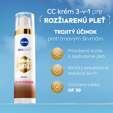 CC fluid proti pigmentovým škvrnám Luminous 630° Antispot 3v1 s OF 30 - Deep NIVEA