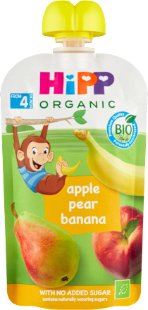 Hippis BIO kašica u vrećici - jabuka, kruška i banana, 4+ mj. HiPP