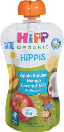 Hippis bio sadni žepek jabolko-banana-mango s kokosovim mlekom in ovsenimi kosmiči, od 6. meseca HiPP