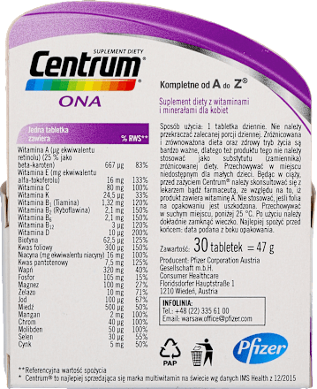 Suplement diety z witaminami i składnikami mineralnymi dla kobiet, tabletki Centrum
