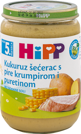 ORGANIC kašica za bebe - kukuruz šećerac sa pire krompirom i ćuretinom, od 5. meseca HiPP