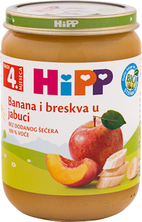 EKO voćna kašica – banana i breskva u jabuci, 5 + mj. HiPP