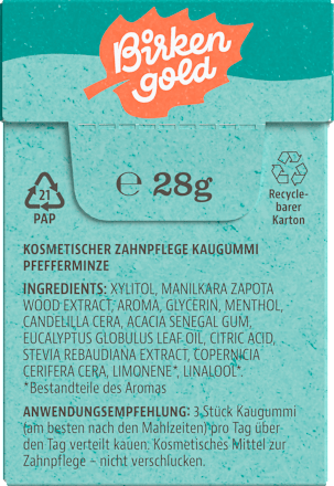 Kaugummi Natur Zahnpflege Pfefferminze Birkengold