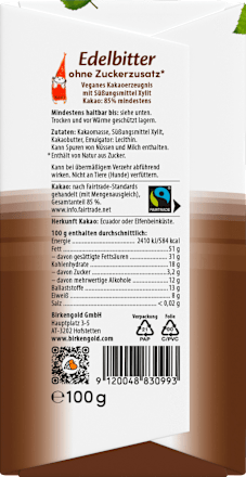 Schokolade Edelbitter Zuckerfrei Birkengold