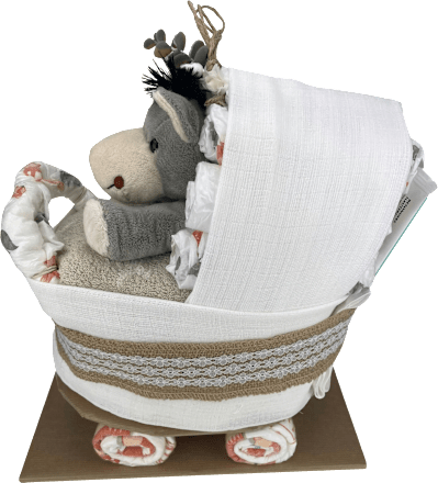 Windeltorte Kinderwagen mit Plüschesel braun Brandnation