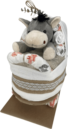 Windeltorte Kinderwagen mit Plüschesel braun Brandnation
