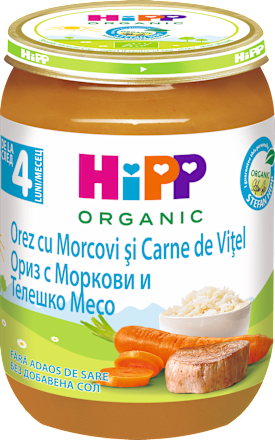 Meniu cu vițel și orez și morcovi  4+ ECO HiPP