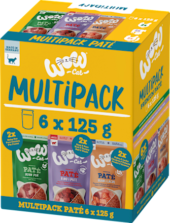 Nassfutter Katze mit Huhn, Lachs, Rind & Pute, Premium Paté Adult Multipack (6x125 g) WOW