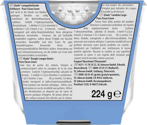 Langanhaltende Duftkerze Clean Linen 224g glade