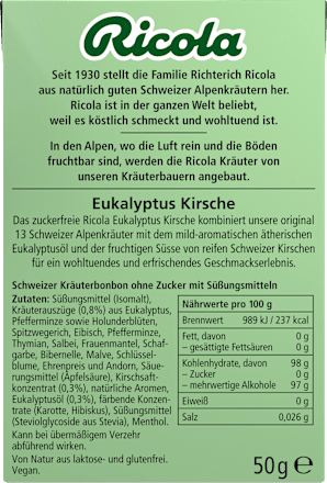 Bonbon, Eukalyptus Kirsche, zuckerfrei, in der Taschenbox  Ricola