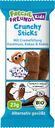 Kindersnack Crunchy Sticks mit Cremefüllung Haselnuss, Kakao & Kokos ab 4 Jahren Freche Freunde