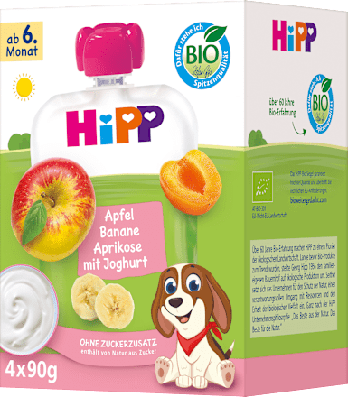 Quetschie Apfel Banane Aprikose mit Joghurt, ab 6. Monat (4x90 g) HiPP