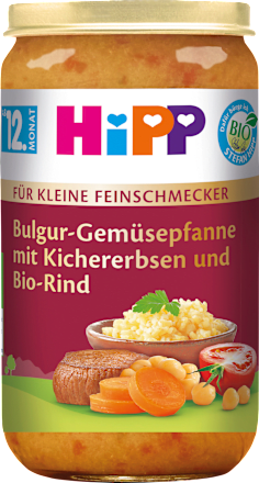 Menü Für kleine Feinschmecker Bulgur-Gemüsepfanne mit Kichererbsen und Bio-Rind ab dem 12. Monat HiPP