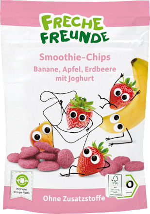 Kindersnack Smoothie-Chips Banane, Apfel, Erdbeere mit Joghurt Freche Freunde