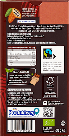 Bio étcsokoládé 72% kakaótartalommal dmBio