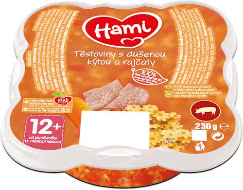 Príkrm Malý gurmán cestoviny s duseným stehnom a paradajkami Hami
